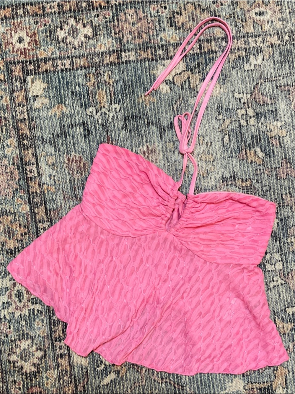 SHEIN Pink Textured Smocked Halter Crop Top